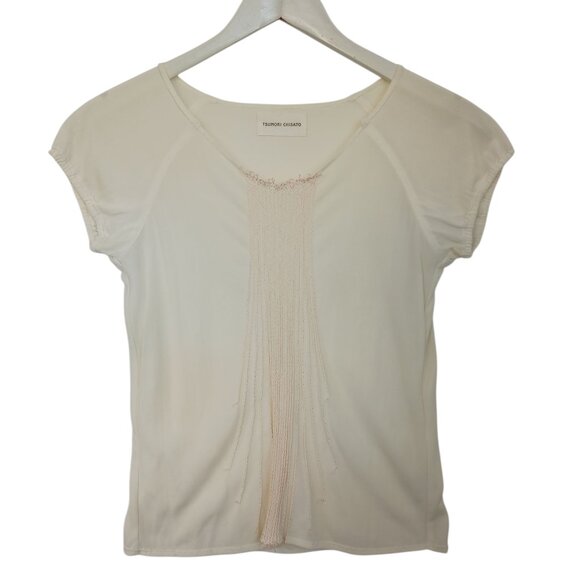 Tsumori Chisato Top Ivory Cream Silky Short Sleeve Designer Blouse Size Small - Picture 1 of 6